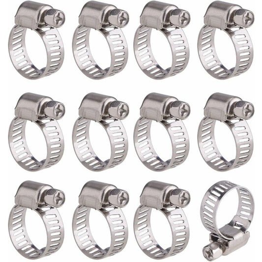 12 pcs Adjustable Stainless Steel Hose Clamp Pipe Clips Fastener (9-16Mm)