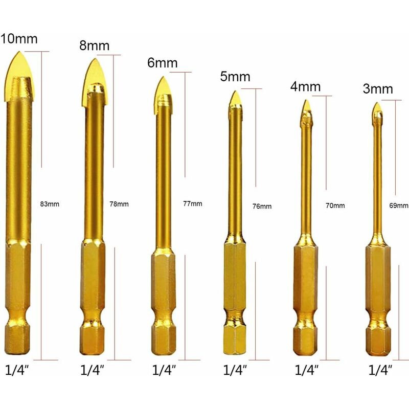 Tungsten Steel Glass Ceramic Tile Crystal Drill Bits With Hex Shank Titanium Coated 3Mm 4Mm 5Mm 6Mm 8Mm 10Mm 6 Pack