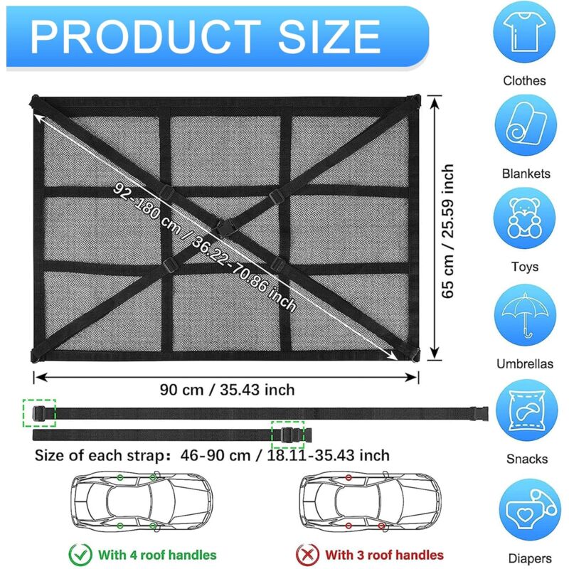 Car ROof Storage Net 90Cmx65Cm Universal Luggage Bag For Travel And Organizer Four ROof Armrests For Suv, Van