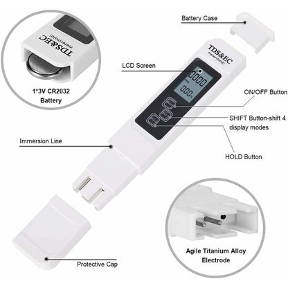 3-In-1 Tds Tester Ph Tester Swimming Pool Water Quality Test Conductivity Meter With Lcd Display High Accuracy And