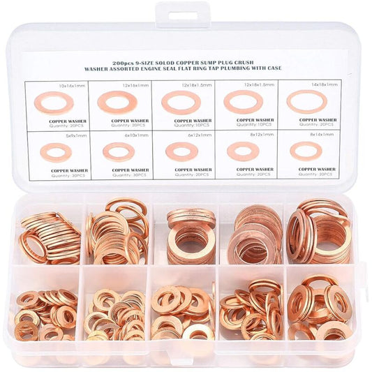 Copper Metal Washers, Gaskets Sealing Ring, Flat Washers, O-Ring With Box For Sealing - 200 pcs/M5 M6 M8 M10 M12 M14