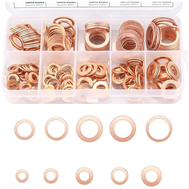 Copper Metal Washers, Gaskets Sealing Ring, Flat Washers, O-Ring With Box For Sealing - 200 pcs/M5 M6 M8 M10 M12 M14