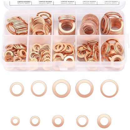 Copper Metal Washers, Gaskets Sealing Ring, Flat Washers, O-Ring With Box For Sealing - 200 pcs/M5 M6 M8 M10 M12 M14