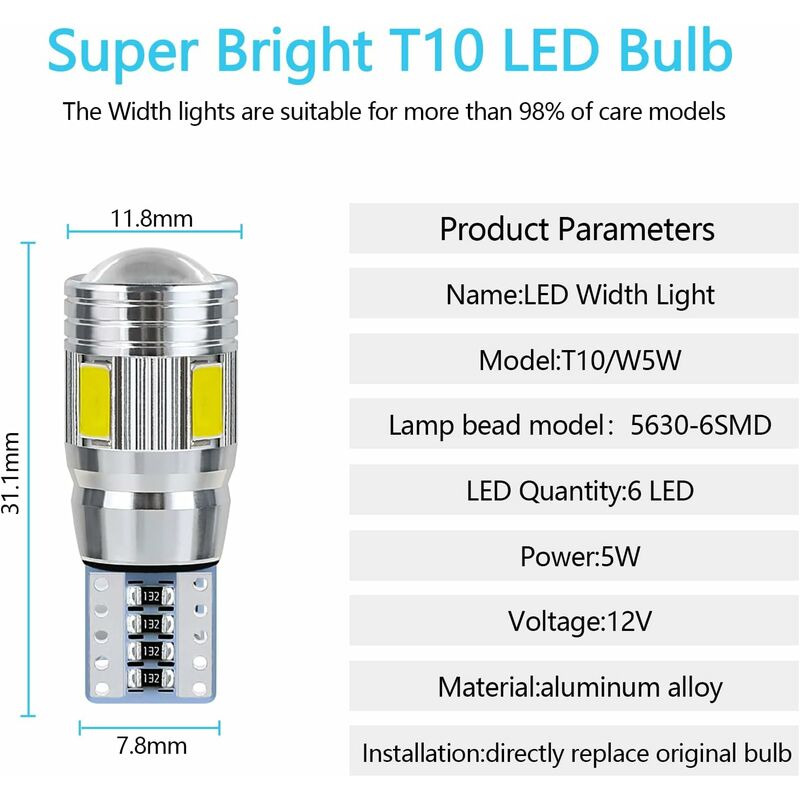 T10 W5W LED Bulb Car Interior Light LED Car Night Light Suitable For License Plate Lights, Side Lights, Position Lights