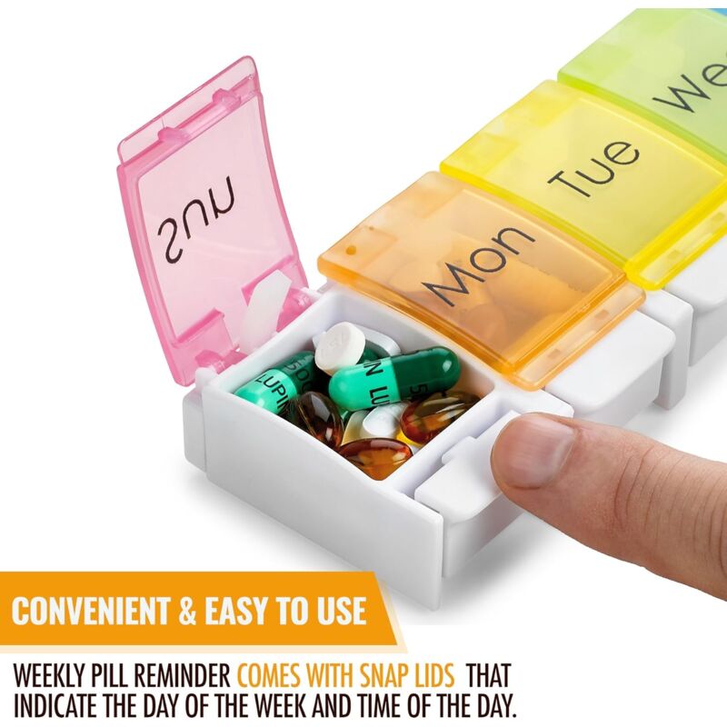 Weekly Pill Organizer - Travel Medicine Box With Push Button Large Compartments, Organizer For Tablets Vitamins &