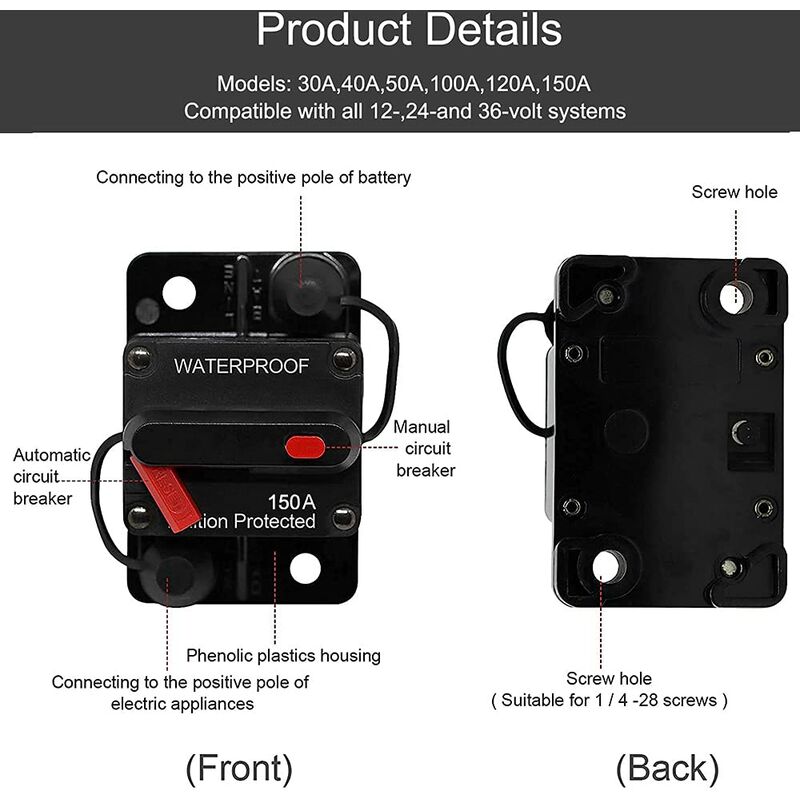 Car Circuit Breaker 30A - 150A, Dc 12V - 48V Waterproof Circuit Breaker With Manual Reset For Auto Car Marine Boat Bike