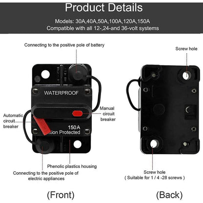 Car Circuit Breaker 30A - 150A, Dc 12V - 48V Waterproof Circuit Breaker With Manual Reset For Auto Car Marine Boat Bike