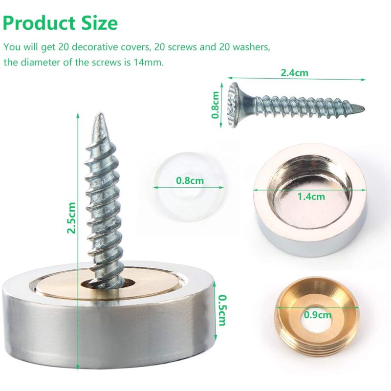 20 pcs Brushed Stainless Steel Screws With Decorative Caps For Mirrors, Tables, Plates, Cabinets, Glass Panels Silver