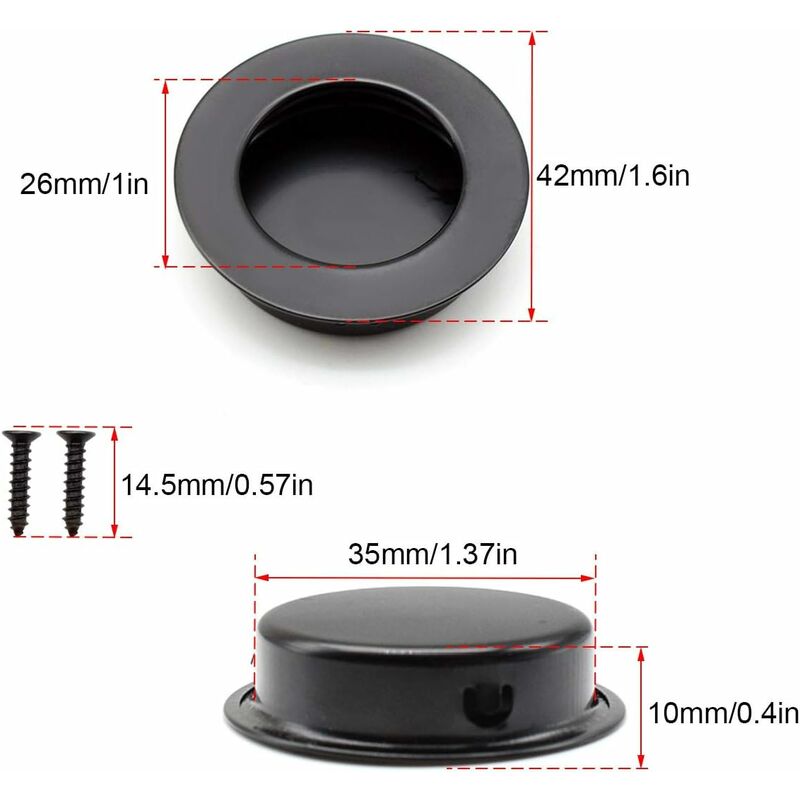 4 pcs ROund Recessed Handles, 40Mm Stainless Steel Sliding Door Handle, Black Furniture Handles Can Be Used For