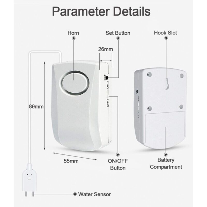 Water Leak Alarm 130Db, 95Cm Long Cable With Sensor, Home Security Water Leak Detection Alarm, Battery Included