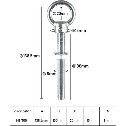 Eye Bolts M10 X 100Mm Stainless Steel Metric Thread M10 Eye Bolts For Fixing And Hanging, 4 pcs