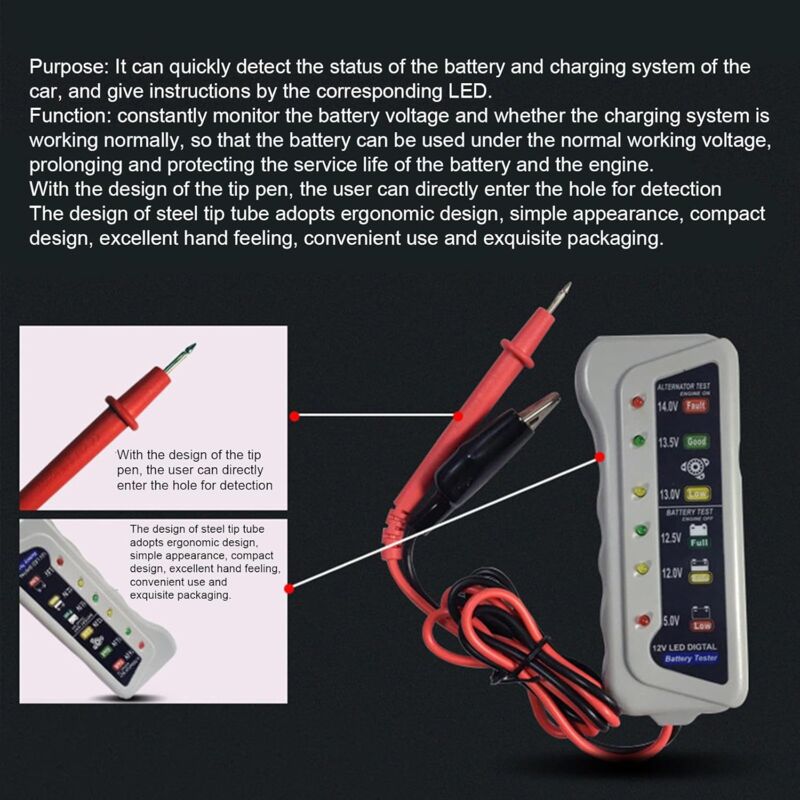 Car Battery Tester,High Accuracy LED Light 6V 12V Auto Battery Analyzer - Voltage Testers With Ergonomic Handle,