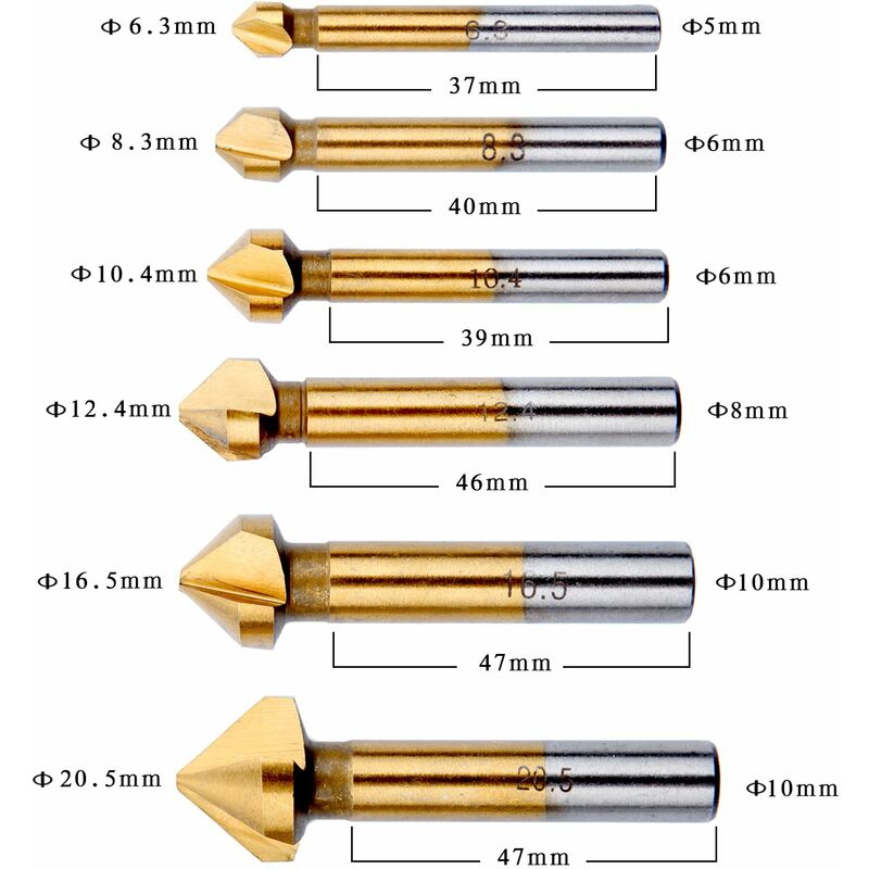 Countersink Metal Wood, Titanium Drill Bit Metal Chamfer Hss 90 Degree 6.3Mm, 8.3Mm, 10.4Mm, 12.4Mm, 16.5Mm, 20.5Mm