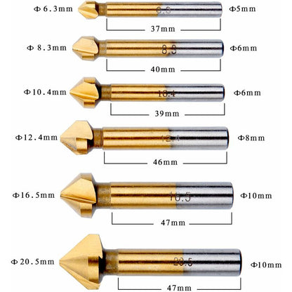 Countersink Metal Wood, Titanium Drill Bit Metal Chamfer Hss 90 Degree 6.3Mm, 8.3Mm, 10.4Mm, 12.4Mm, 16.5Mm, 20.5Mm