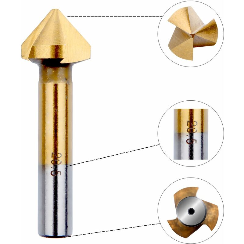 Countersink Metal Wood, Titanium Drill Bit Metal Chamfer Hss 90 Degree 6.3Mm, 8.3Mm, 10.4Mm, 12.4Mm, 16.5Mm, 20.5Mm