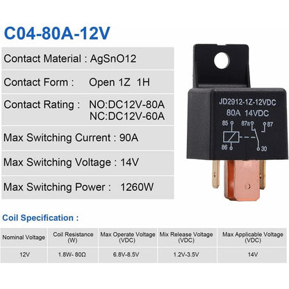 5 pcs 5 Pin Relay 12V 80A, Automotive Relay Jd2912-1Z-12Vdc 80A 14Vdc Spdt Truck Boat Van Vehicles Switch