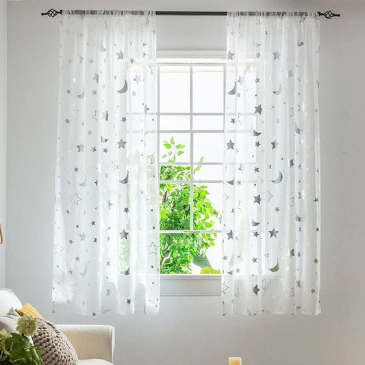 1M Long Semi Sheer Window Curtains For Girls ROom Bedroom Cute Moon And Stars Pattern Tulle Sheer Curtains 2 Panel 1M X