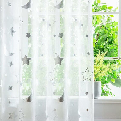 1M Long Semi Sheer Window Curtains For Girls ROom Bedroom Cute Moon And Stars Pattern Tulle Sheer Curtains 2 Panel 1M X