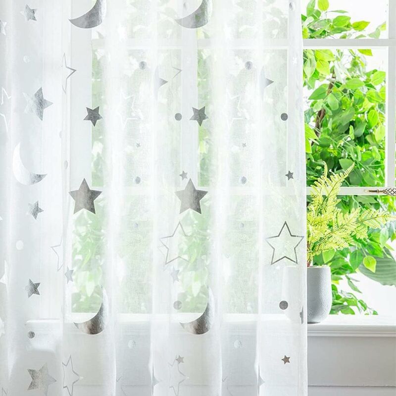 1M Long Semi Sheer Window Curtains For Girls ROom Bedroom Cute Moon And Stars Pattern Tulle Sheer Curtains 2 Panel 1M X