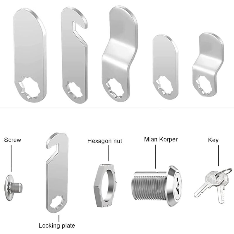 16Mm Cylinder Security Mailbox Lock With 5 Different Lock Plates And 2 Keys, Cabinet Cam Lock, Locker, Toolbox, Filing
