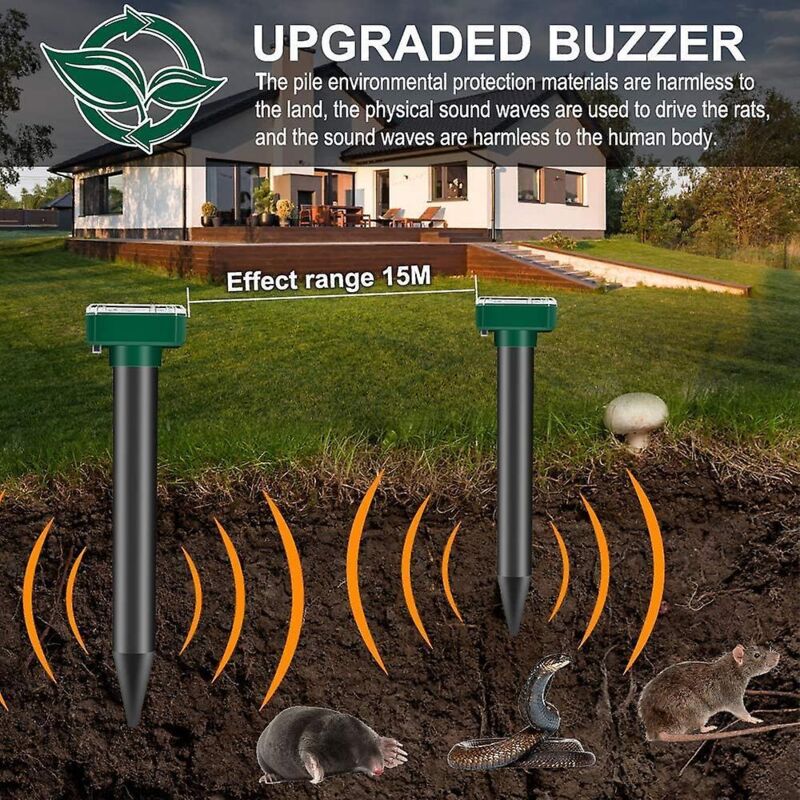2 Pack Solar Rat Repellent Stakes - Ultrasonic Rat Repellent - Solar Rat Repellent For Snakes, Voles, Other Animals
