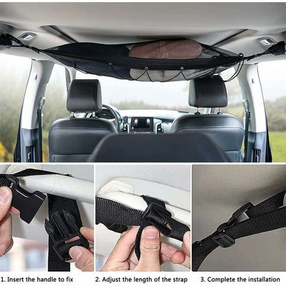 Car Storage Net 90Cmx65Cm, Multifunctional Organizer With Zipper With 2 Car Seat Hooks, Camping Car Storage Net, Car