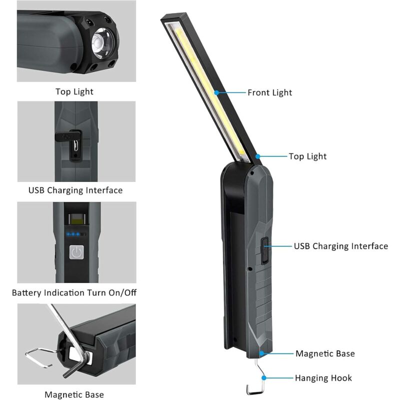 Parts Rechargeable LED Work Light, 5 Modes Work Lamp Mechanic Torch Foldable Lamp With Magnetic Base Inspection Lamp