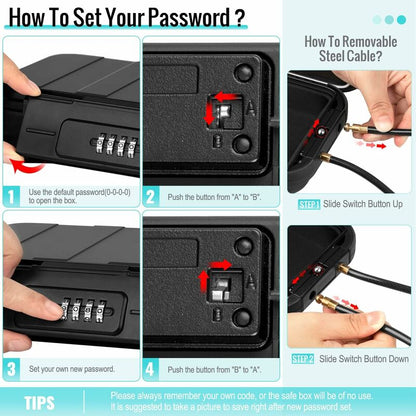Portable Safe Box Mini Travel Safe Box Waterproof Anti-Theft With Detachable Metal Cable For Home, Office, Hotel,