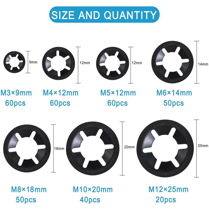 Universal Lock Washers Lock Washer M3 M4 M5 M6 M8 M10 M12 Starlock Washer Quick Push Fasteners Assortment Kit With Box