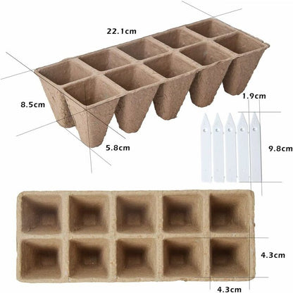 10 Pack Peat Pots, 100 Cells Biodegradable Seedling Starter Kit For Indoor Outdoor, Includes 10 Plastic Plant Labels