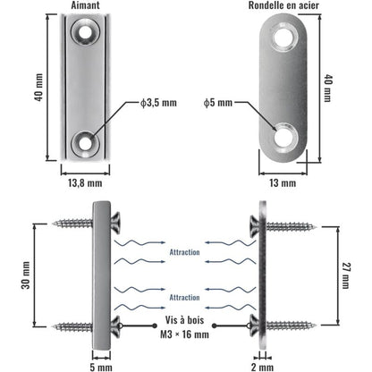 2 pcs Rectangular Neodymium Magnets With Hole 40X13.8X5Mm, 15Kg Force + 2 Steel Washers + 8 Screws Included