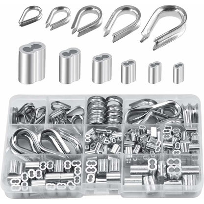 250 pcs 6 Sizes Aluminum Wire ROpe Thimbles Assortment Double Barrel Sleeves & 5 Size Thimbles For Wire ROpe
