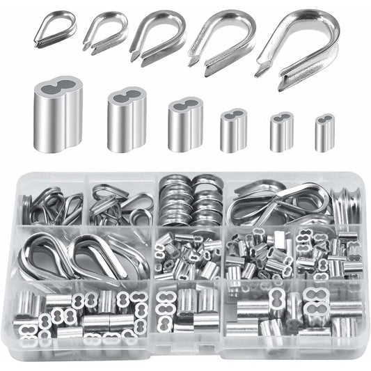 250 pcs 6 Sizes Aluminum Wire ROpe Thimbles Assortment Double Barrel Sleeves & 5 Size Thimbles For Wire ROpe