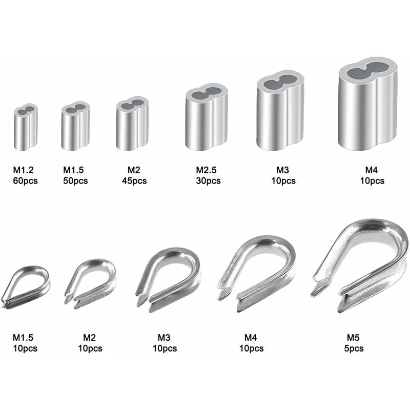 250 pcs 6 Sizes Aluminum Wire ROpe Thimbles Assortment Double Barrel Sleeves & 5 Size Thimbles For Wire ROpe