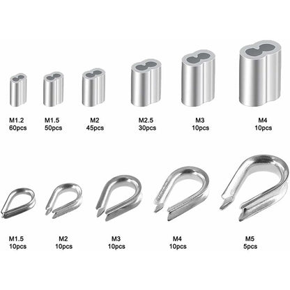 250 pcs 6 Sizes Aluminum Wire ROpe Thimbles Assortment Double Barrel Sleeves & 5 Size Thimbles For Wire ROpe