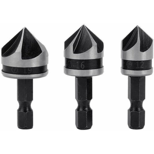 3 pcs 1/4" Hex Hcs Countersink Bit 5 Flute Countersink Drill Bits Countersink Bit 12Mm/16Mm/19Mm For Wood Metal
