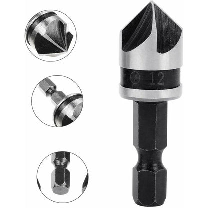3 pcs 1/4" Hex Hcs Countersink Bit 5 Flute Countersink Drill Bits Countersink Bit 12Mm/16Mm/19Mm For Wood Metal
