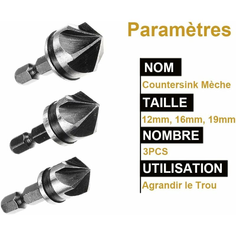 3 pcs 1/4" Hex Hcs Countersink Bit 5 Flute Countersink Drill Bits Countersink Bit 12Mm/16Mm/19Mm For Wood Metal