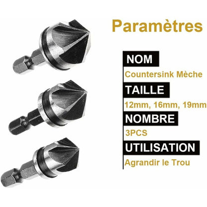 3 pcs 1/4" Hex Hcs Countersink Bit 5 Flute Countersink Drill Bits Countersink Bit 12Mm/16Mm/19Mm For Wood Metal