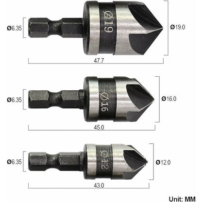 3 pcs 1/4" Hex Hcs Countersink Bit 5 Flute Countersink Drill Bits Countersink Bit 12Mm/16Mm/19Mm For Wood Metal