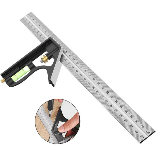 Combination Square, 12'/300Mm Stainless Steel Square Carpentry Tools, 45/90 Degree Ruler With Spirit Level.