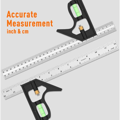 Combination Square, 12'/300Mm Stainless Steel Square Carpentry Tools, 45/90 Degree Ruler With Spirit Level.