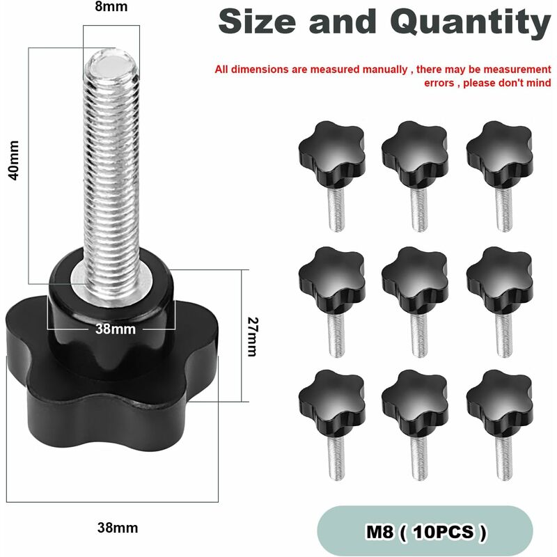 10 pcs M8X40 Female Thread Nut Clamping Handle Star Shape Hand Knobs Black Plastic Screw-In Handle Clamping Knob For
