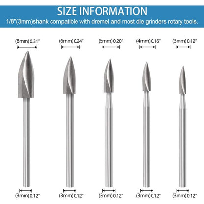 Wood Carving Bit Set For ROtary Tool, 5 Pieces Wood Carving Bits With 1/8 Inch Shank For Diy Woodworking, Engraving,