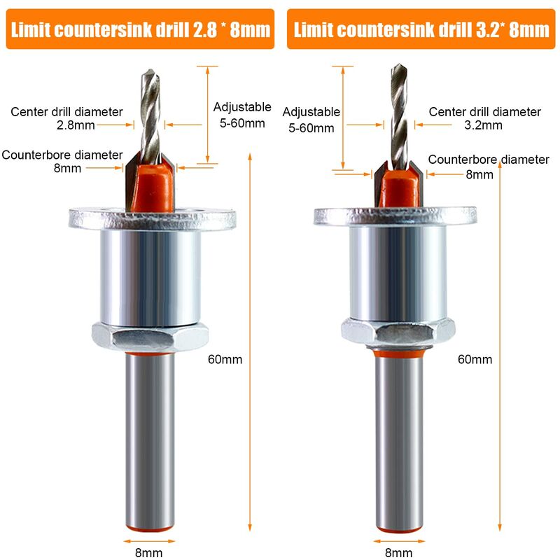2 pcs Wood Drill Bits, Hss Drill Bit Set, 8Mm Steel Countersink Drill Bits, Countersink Drill Bit Set For Woodworking,