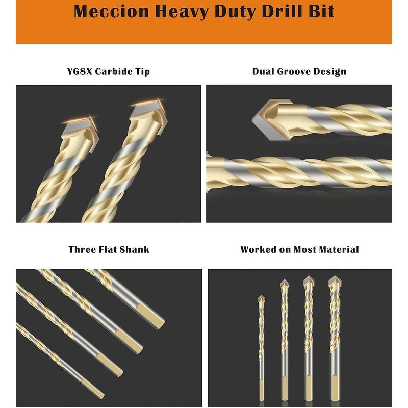 Multi-Material Drill Bit Set With Double Groove Carbide Tip For Tile, Concrete, Brick, Glass, Plastic, Wood, Metal,