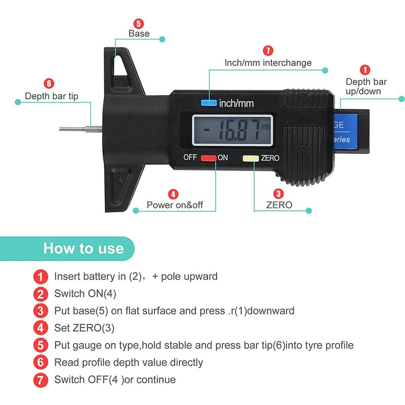Digital Tire Depth Gauge Caliper Lcd 0-25.4Mm Digital Tire Depth Gauge For Car Motorcycle Vans Trucks