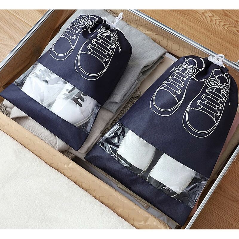 Travel Shoe Bag, Waterproof Dustproof Fleece Shoe Bag Set With Clear Window And Drawstring (3244Cm) -10 pcs-Navy Blue