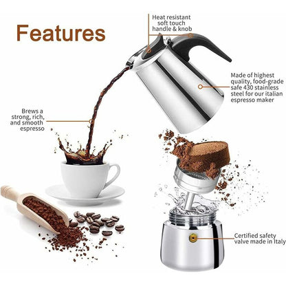 12-Cup Italian Coffee Maker In Stainless Steel, Suitable For All Types Of Hobs, 12 Cups