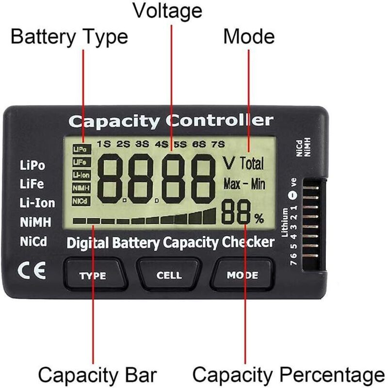 Digital Battery Capacity Tester, Battery Capacity Voltage Checker Controller Tester With Lcd Display, For Lipo Life